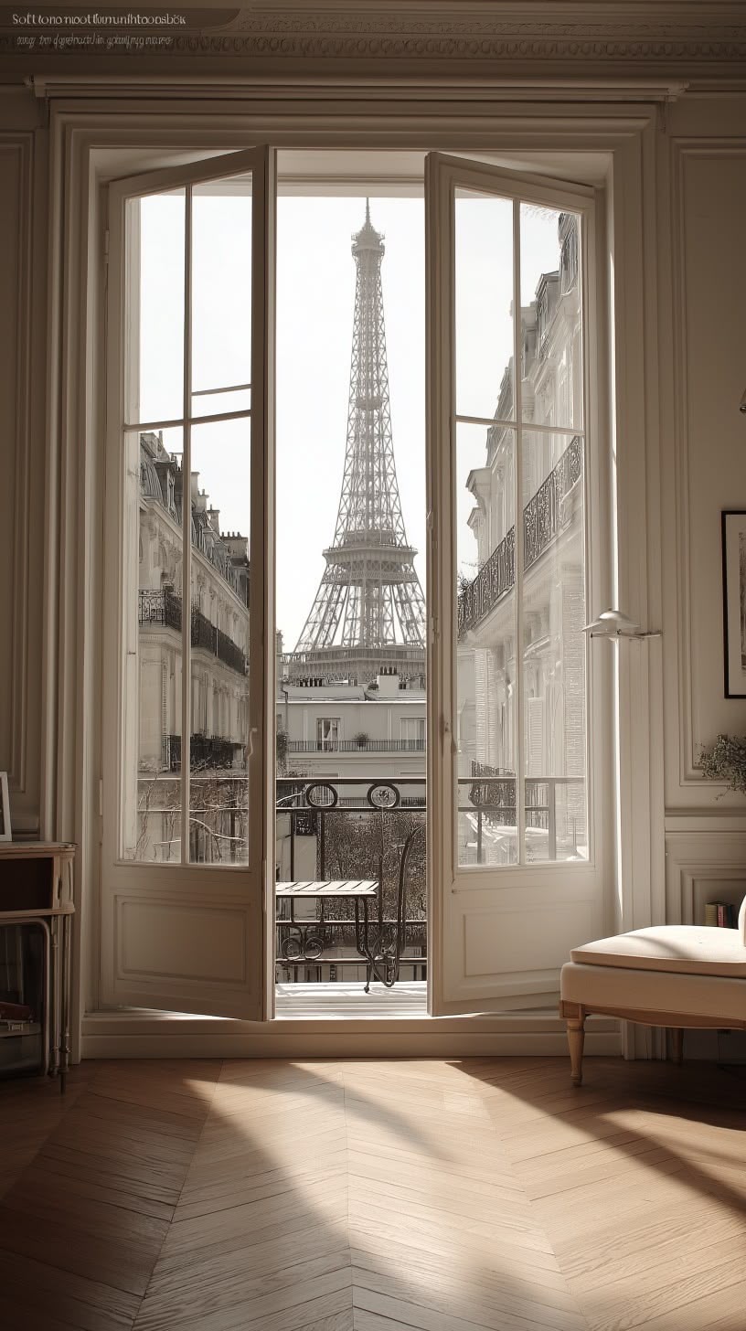 La tour Eiffel vue depuis une fenêtre parisienne.